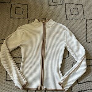 Y2K Ribbed Double Zip-Front Sweater with Tan Trim